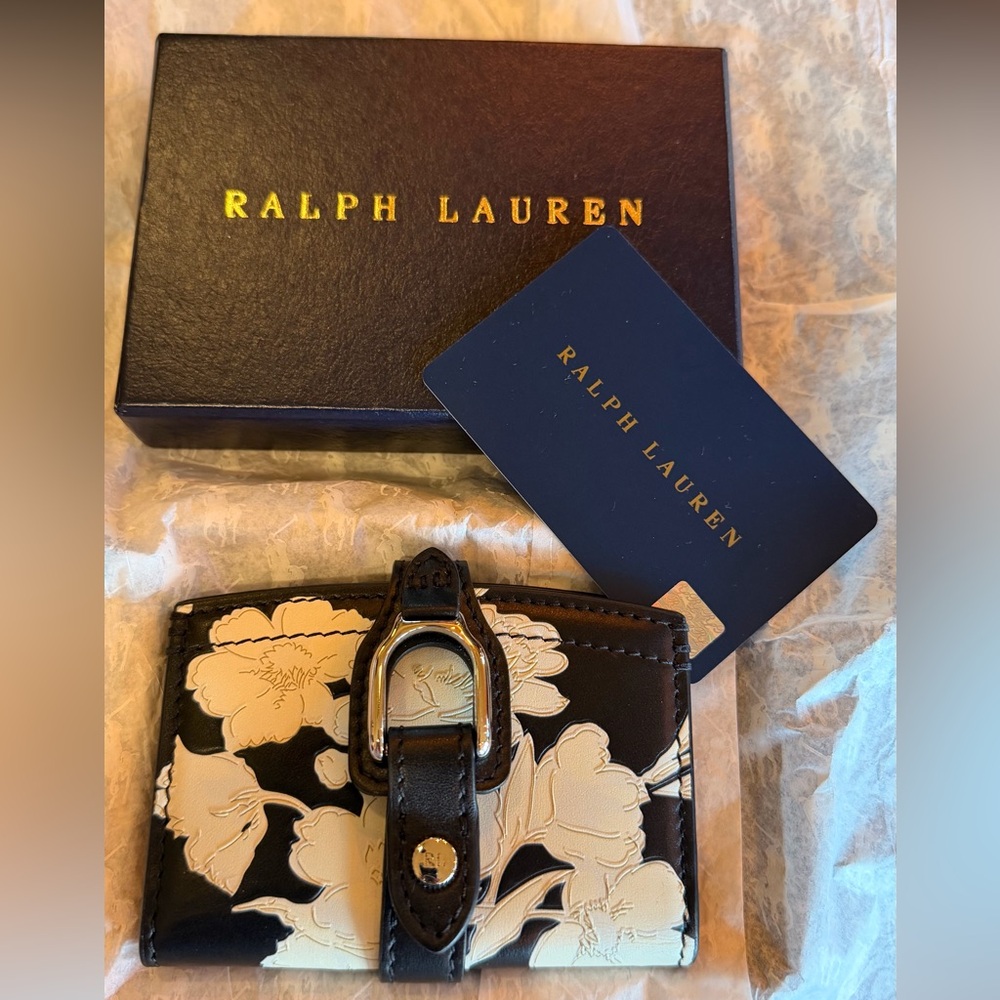 RALPH LAUREN -  Black Leather Floral Bifold Card Holder with Cream Print